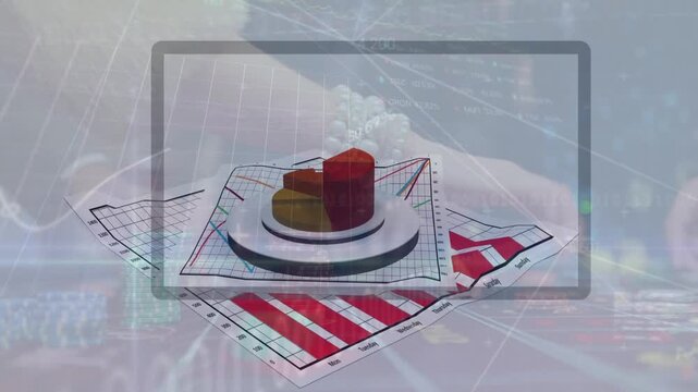 Animation of graphs and financial data over hands of people playing poker