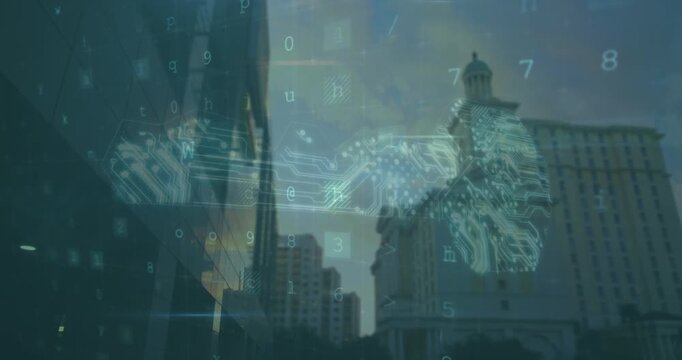 Animation of cyberattack warning with key icon over cityscape