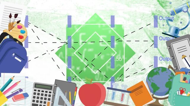 Animation of school supplies over digital data processing