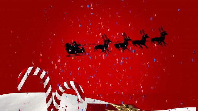 Animation of confetti falling over santa claus in sleigh with reindeer and present on red background