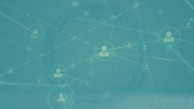 Animation of red flying dots over profile icons and dots interconnecting with lines and circle
