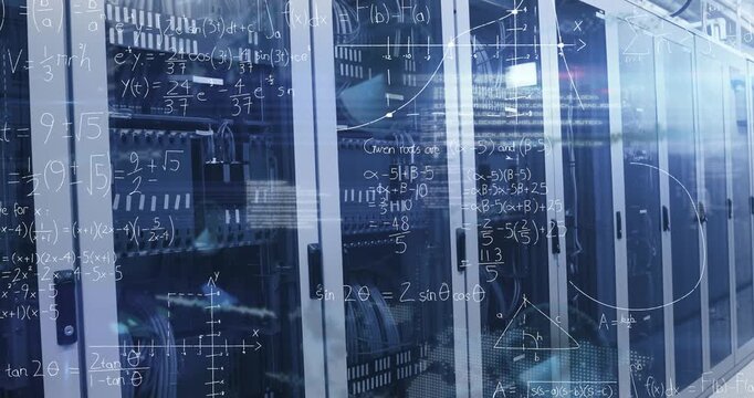 Animation of lens flare, mathematical equations and infographic interface over server room