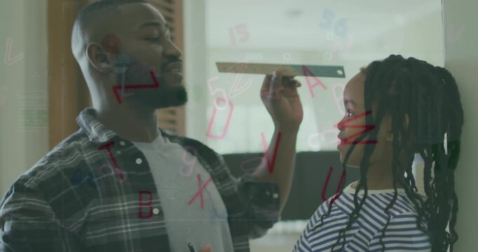 Animation of father and daughter with ruler over letters