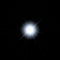 Fototapeta premium White Starburst Light Effect with Radiating Glow Rays, Abstract Lens Flare on Black Background
