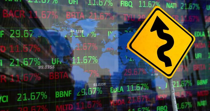 Animation of financial data processing and yellow road sign with arrow
