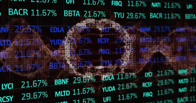 Animation of stock market data processing over spinning human brain against black background