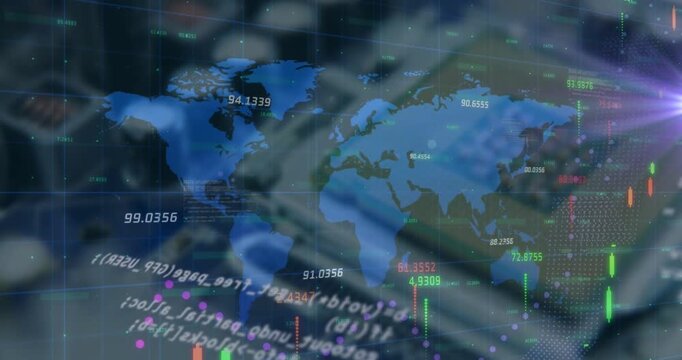 Animation of financial data processing and world map against close up of a circuit board