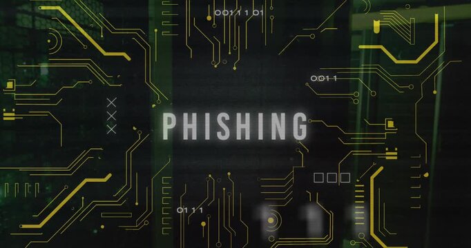 Animation of phishing text and computing board over server room