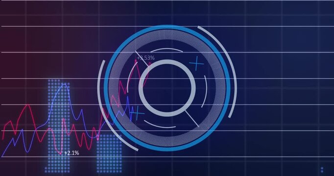 Animation of neon round scanner spinning over statistical data processing on blue background