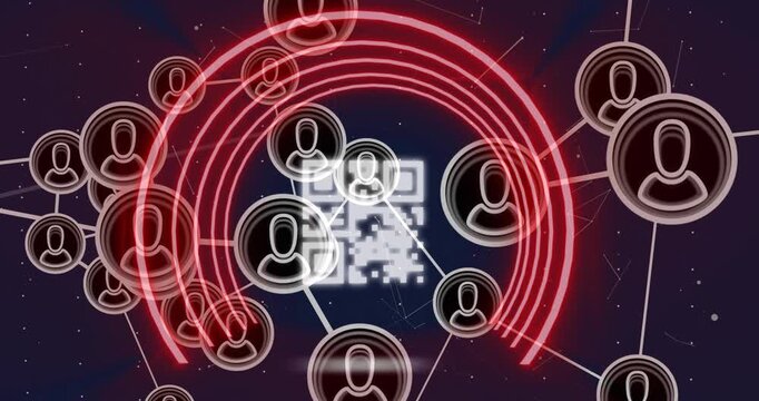 Animation of network of profile icons and qr code scanner against dots pattern on blue background