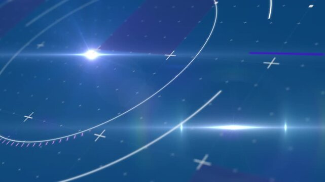 Animation of circles over plus symbols and lens flares against blue background