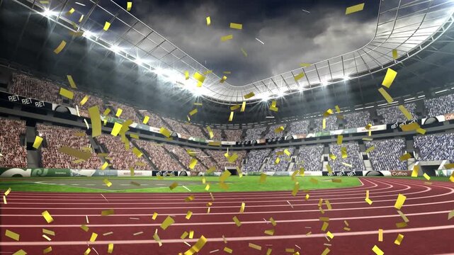 Animation of golden confetti falling against view of sports stadium