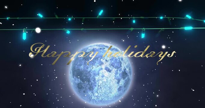 Animation of happy holidays text with illuminating string lights and globe