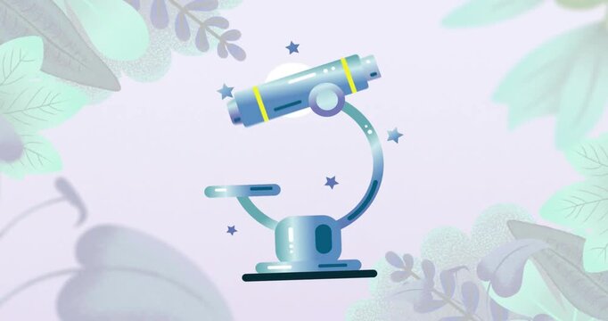 Animation of microscope icon over plants on purple background