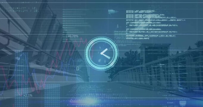 Animation of clock and financial data processing over bridge