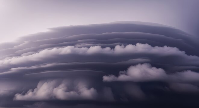 Powerful and textured layers of deep gray and purple storm clouds dominate the atmosphere, signifying the imminent arrival of severe weather, expansive, meteorology, atmosphere
