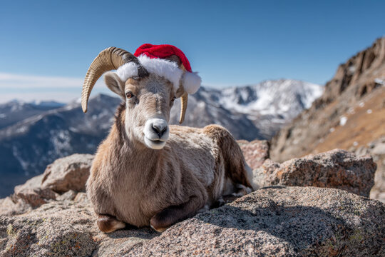Mountain sheep resting on rocky terrain wearing a festive red and white holiday hat with snow-covered peaks in the background under a clear blue sky