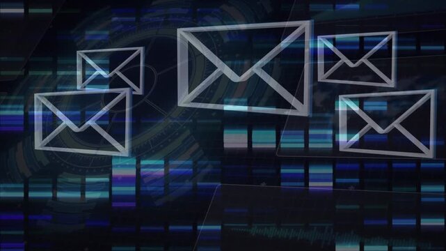 Animation of envelope icons and data processing on black background