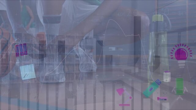 Animation of financial data processing over caucasian basketball player