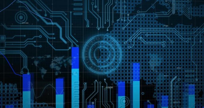 Animation of computer circuit board, world map and data processing