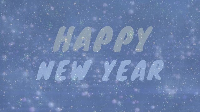 Animation of snow falling over happy new year text banner against blue background
