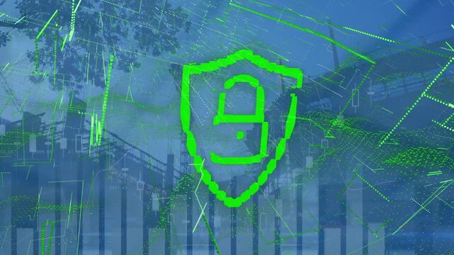 Animation of digital padlock and green lines over construction site