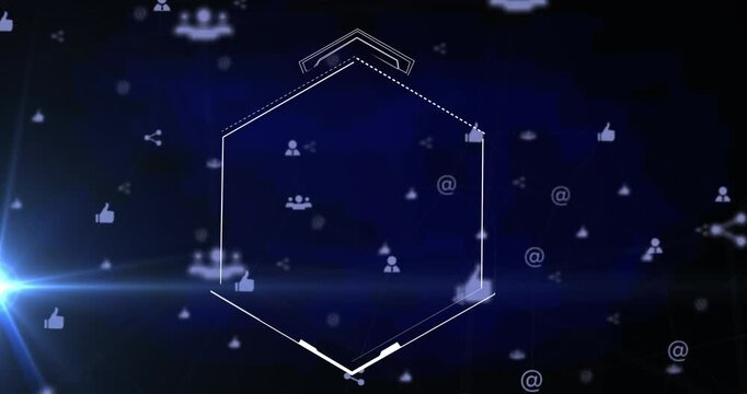 Animation of hexagon and social media icons over navy background