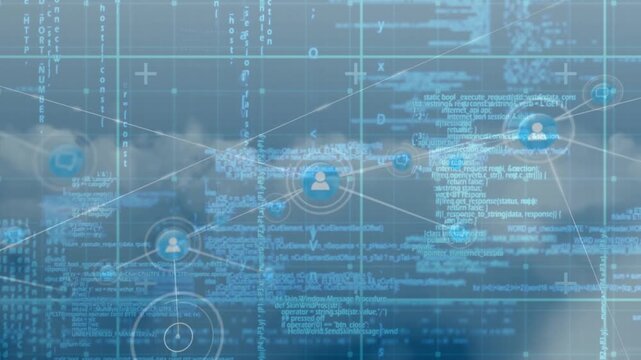 Animation of data processing over clouds and blue background
