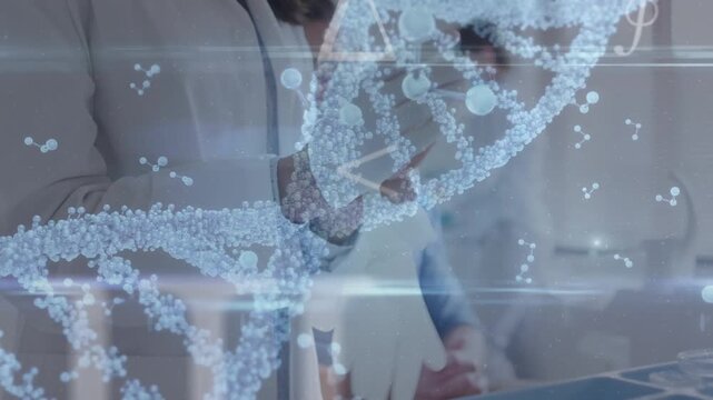 Animation of dna strand over caucasian doctor wearing gloves