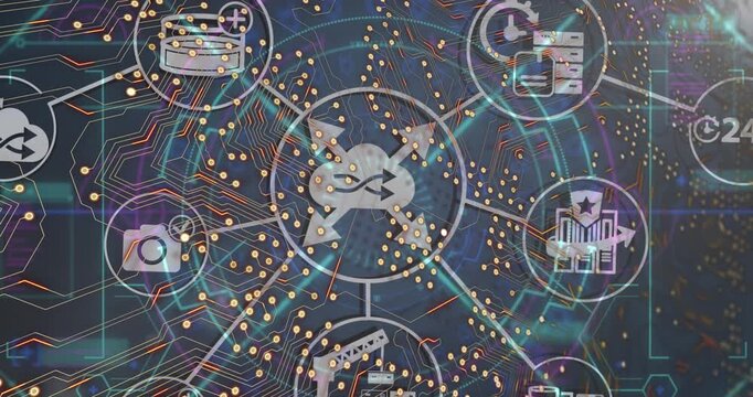 Animation of network of connections with icons over computer circuit board on black background