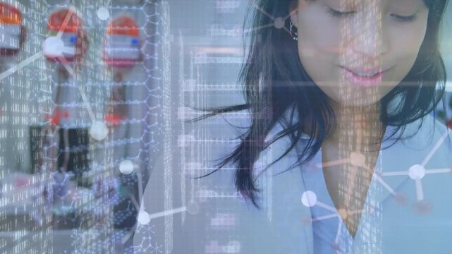 Animation loop of digital molecules and rotating dna helix over chinese doctor using digital pc