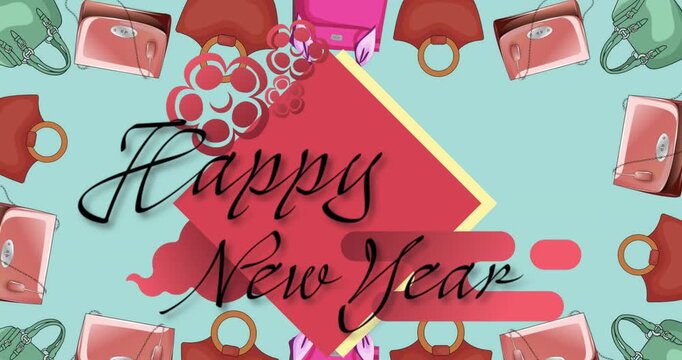 Animation of happy new year text over shapes and bags icons on blue background