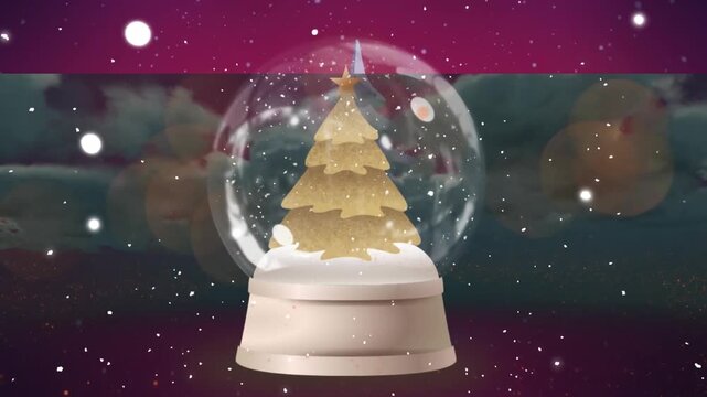 Animation of snow globe over snow falling