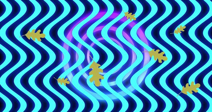 Animation of leaves over wavy blue background with circles