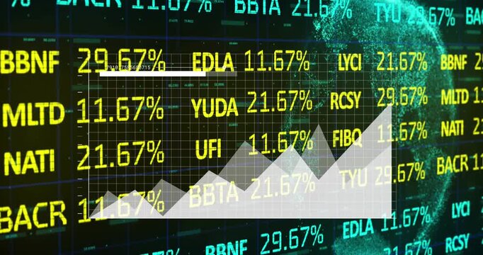 Animation of graphs, trading board, binary codes, programming language over navigation pattern