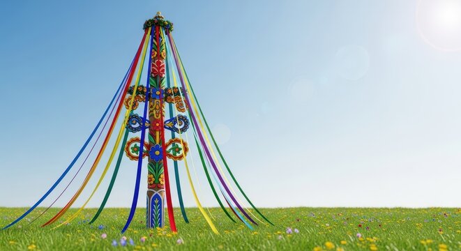 A brightly decorated tall wooden pole stands erect in a sunny green meadow. Colorful ribbons hang down ready for weaving during the spring celebration, rustic, vertical, braid