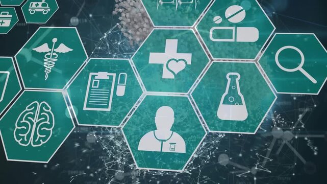 Animation of icons in hexagons over connected dots, globe with lens flare and abstract pattern