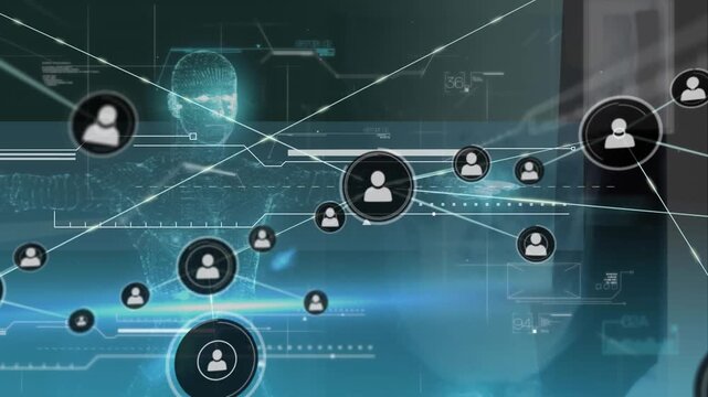 Animation of network of connections with icons and data processing over digital human model