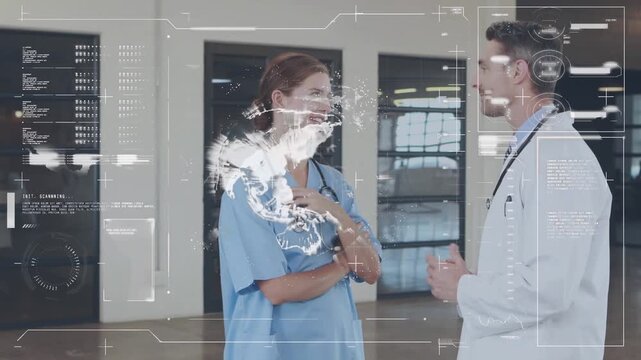 Animation of data processing and dna strand over diverse doctor and using tablet