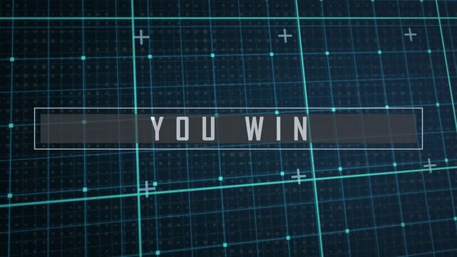 Animation of you win text in rectangle over grid pattern and plus signs against blue background