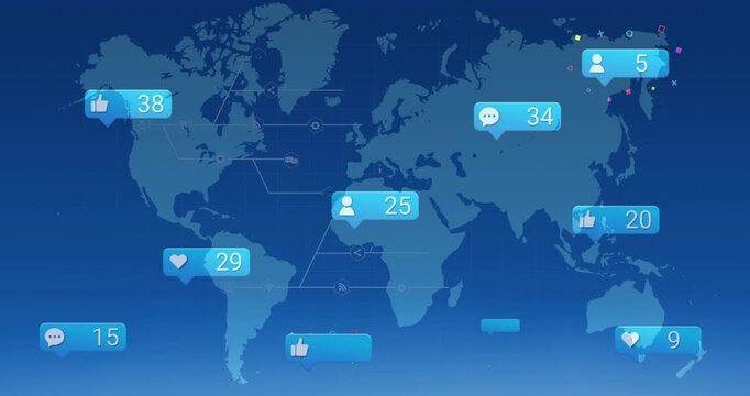 Animation of multiple social media icons with increasing numbers over world map on blue background