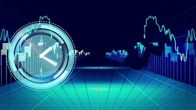 Animation of neon ticking clock and statistical data processing over grid network on blue background