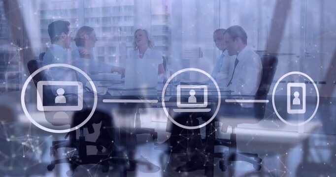 Animation of network of digital icons over diverse businesspeople discussing together at office