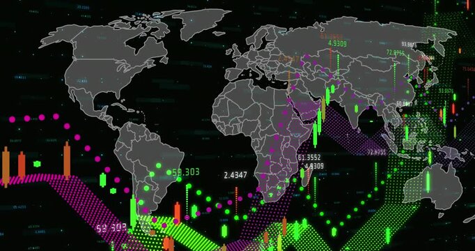 Animation of globe of network of connections with icons over world map