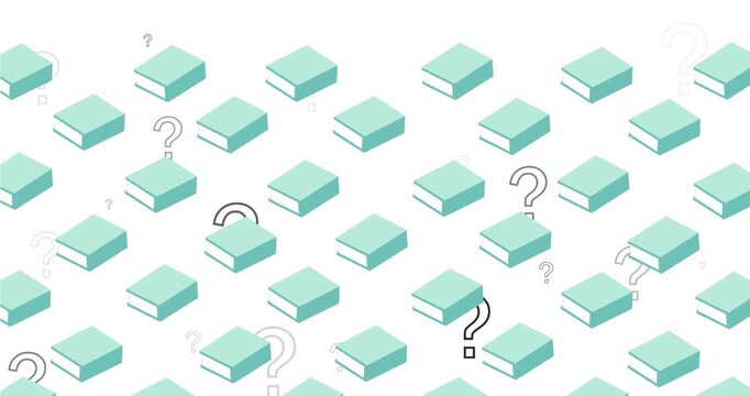 Animation of notebook cons floating over question mark on white background
