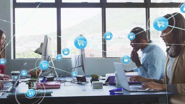 Animation of connected icons, diverse customer representatives talking with customers on headphone