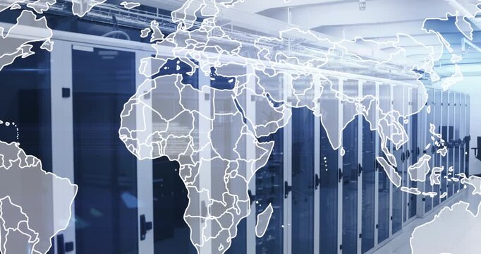 Animation of world map and data processing against computer server room