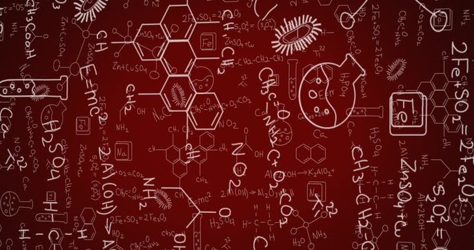 Animation of molecule structures, formula, beakers and microorganisms over red background