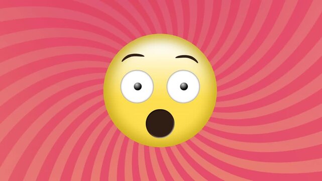 Animation of surprised face emoji against radial rays in seamless pattern on pink background