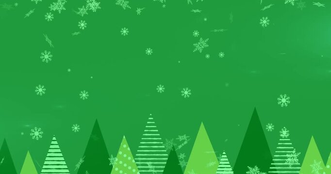 Animation of snowflakes falling over tree icons against green background with copy space